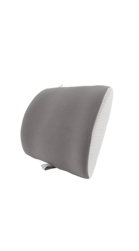 Gray car headrest pillow with striped side panel and support straps