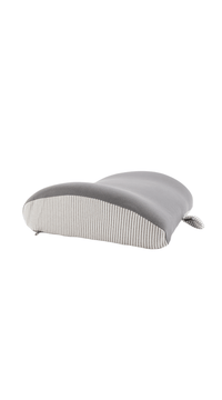 Gray headrest pillow with striped curved base and attached straps