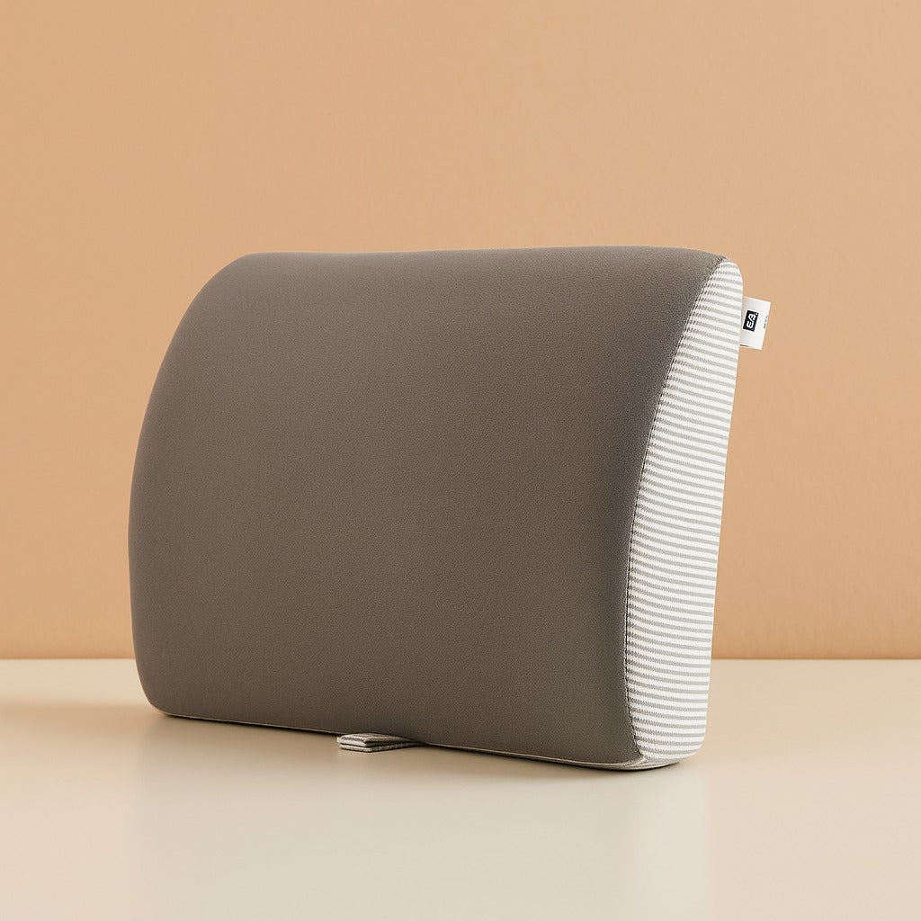 Gray car headrest pillow with ribbed striped side and hook strap
