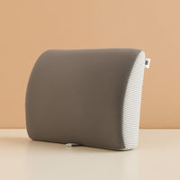 Gray car headrest pillow with ribbed striped side and hook strap