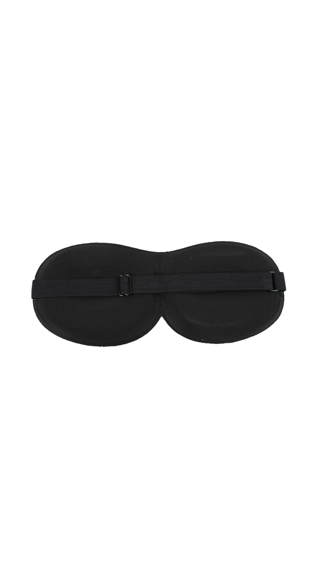 3D sleep eye mask in black with adjustable strap and contoured eye cups