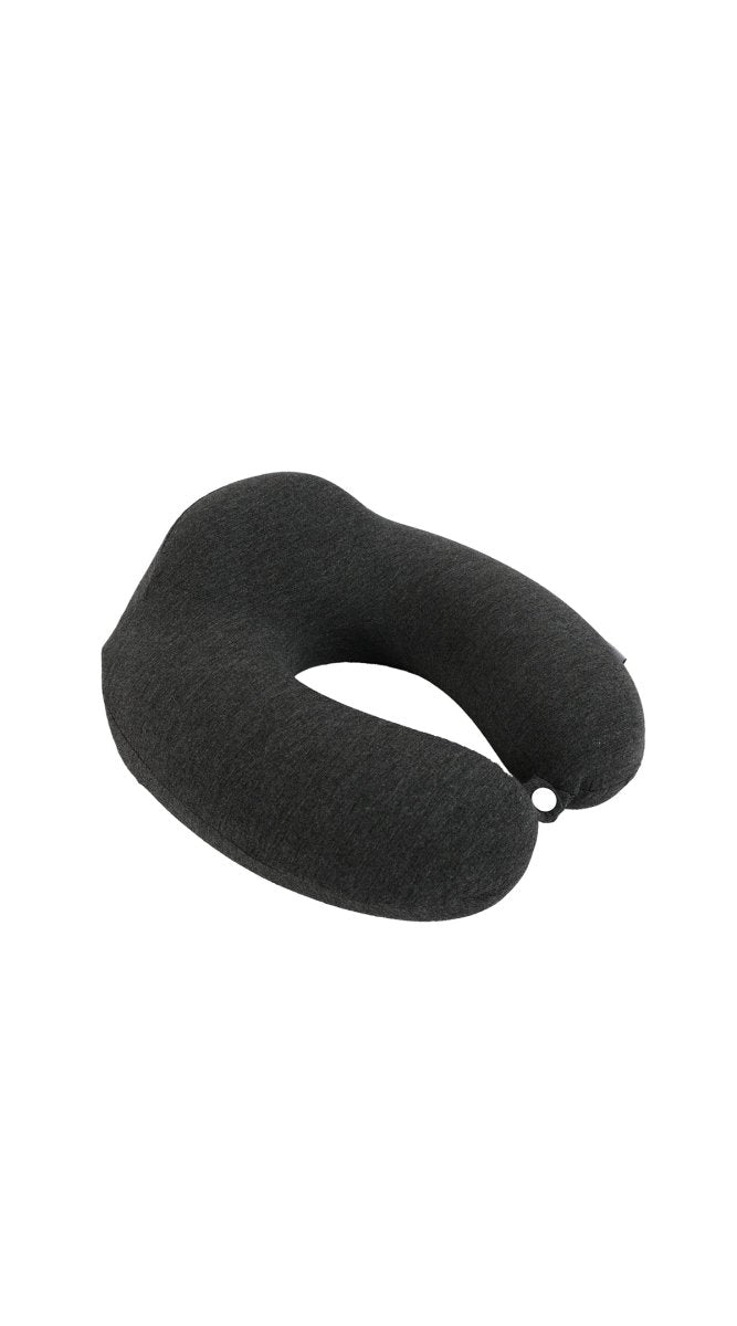 Neck travel pillow dark gray with round cutout and button detail on strap.