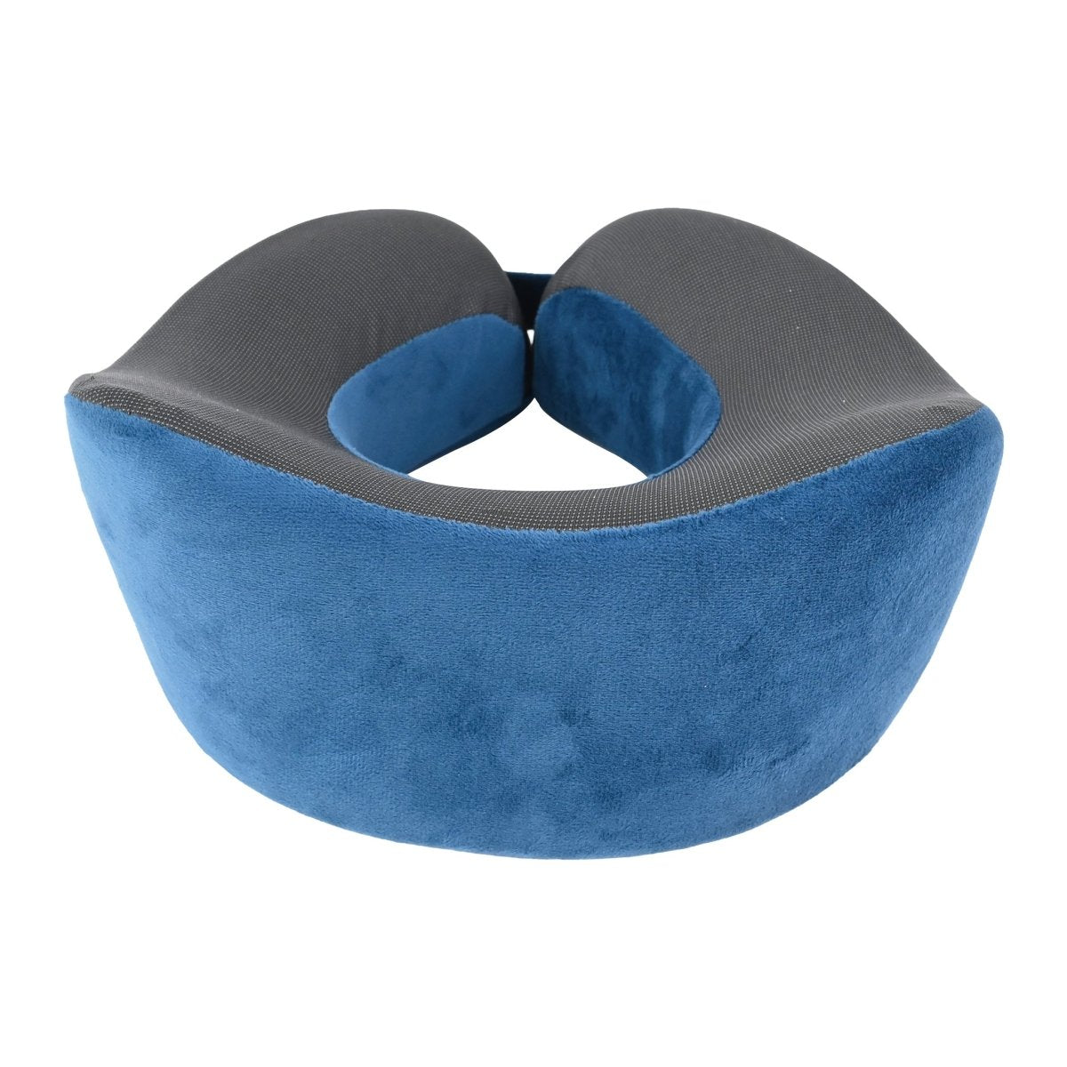 Travel neck pillow with blue plush body and two gray curved supports, open center