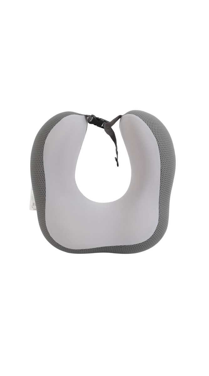 Travel neck pillow with U-shaped support and adjustable tie strap, dark gray knit