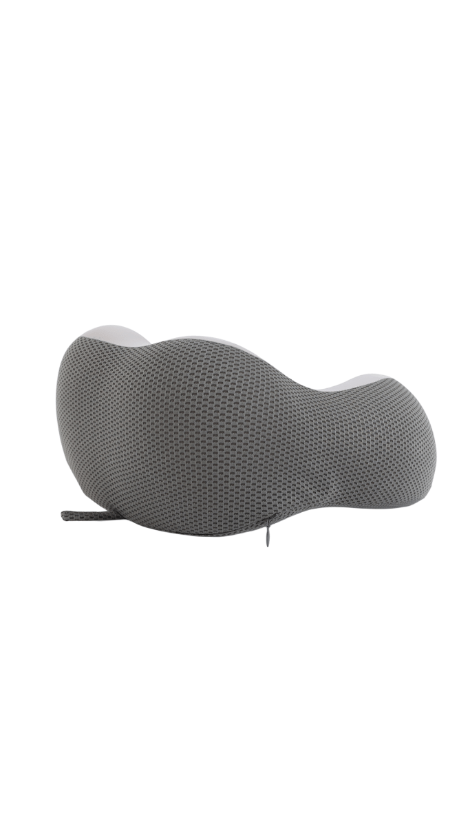 U-shaped travel neck pillow, textured dark gray fabric with attached tie ends