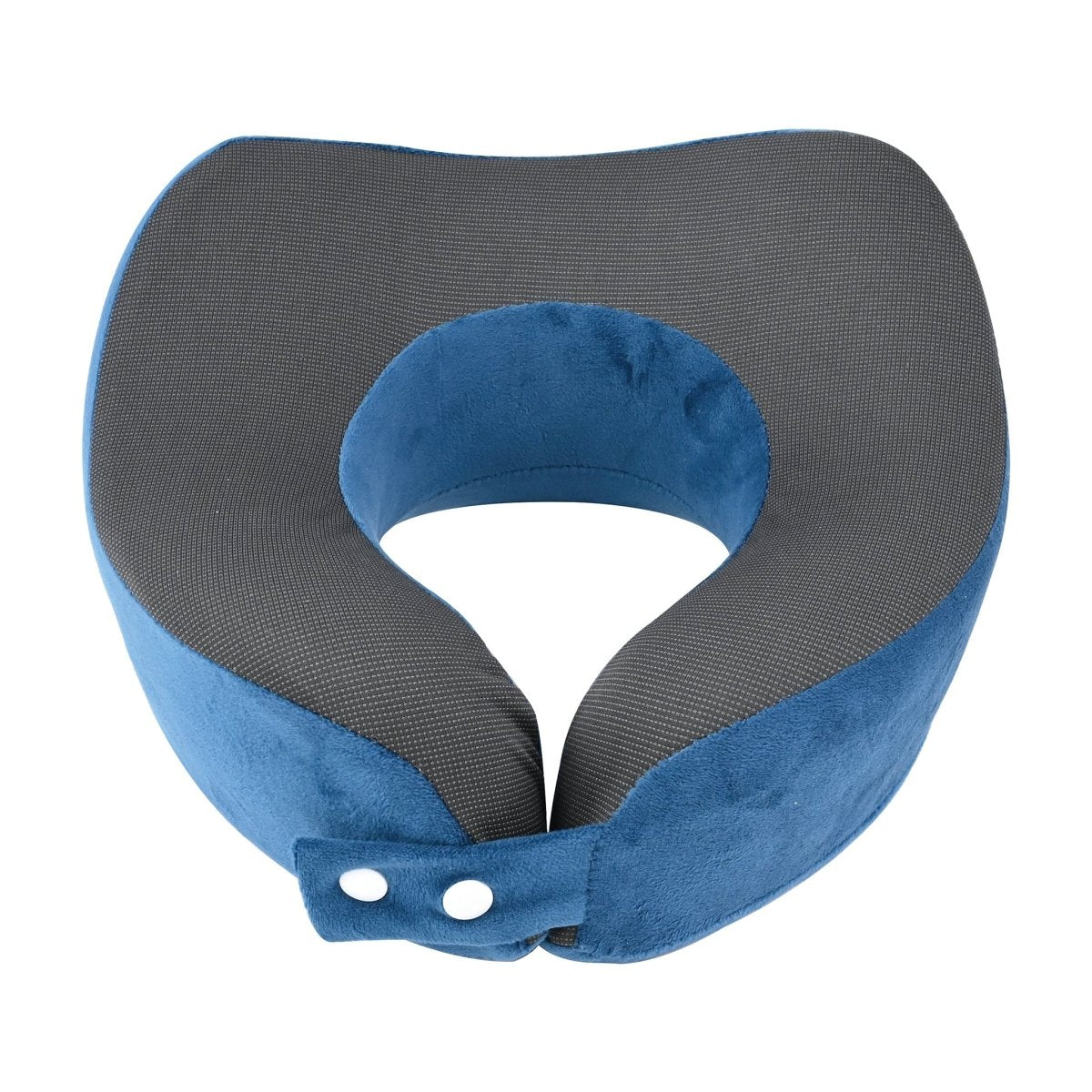Travel neck pillow with blue plush sides, gray textured backing, and blue buckle with dots
