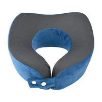 Travel neck pillow with blue plush sides, gray textured backing, and blue buckle with dots