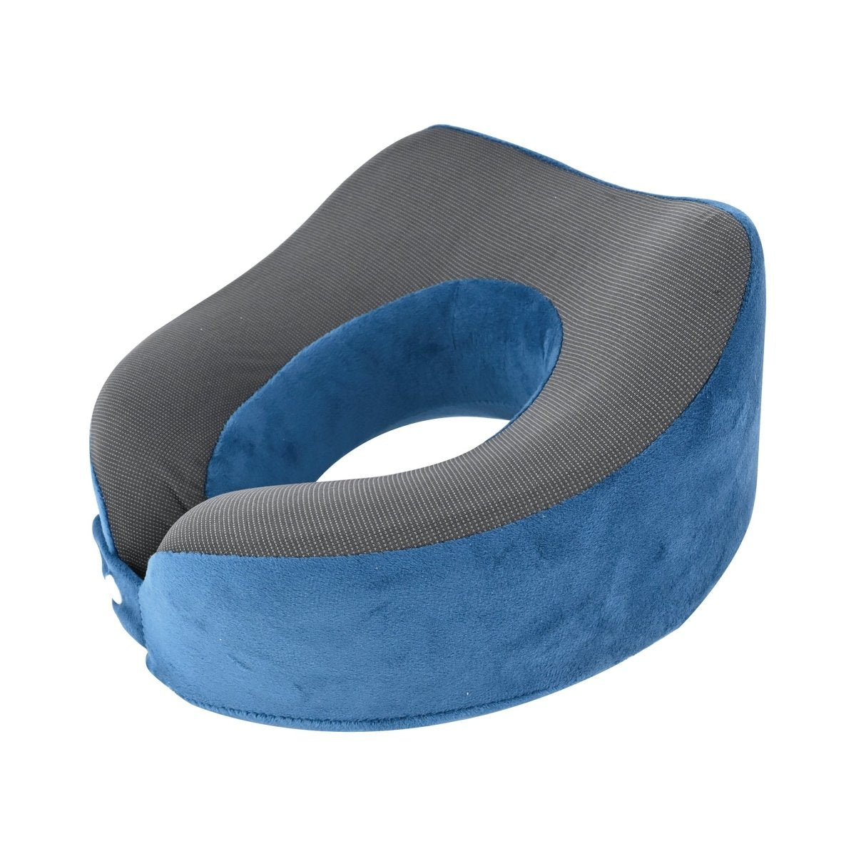 Travel neck pillow with blue plush cover and gray textured support, buckle strap