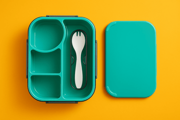 Teal compartment school lunch box with 4 sections and fork-and-knife insert