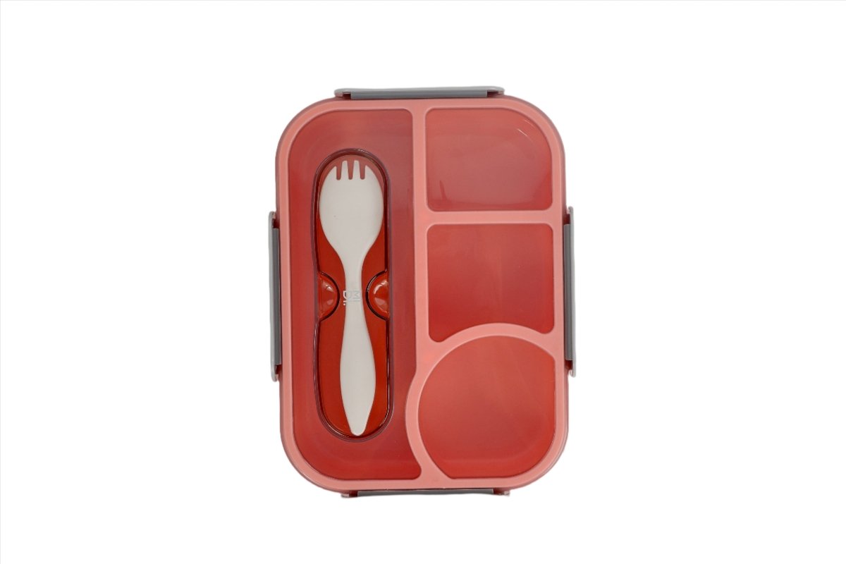 Red compartment school lunch box with 2 sections and fork-and-spoon insert