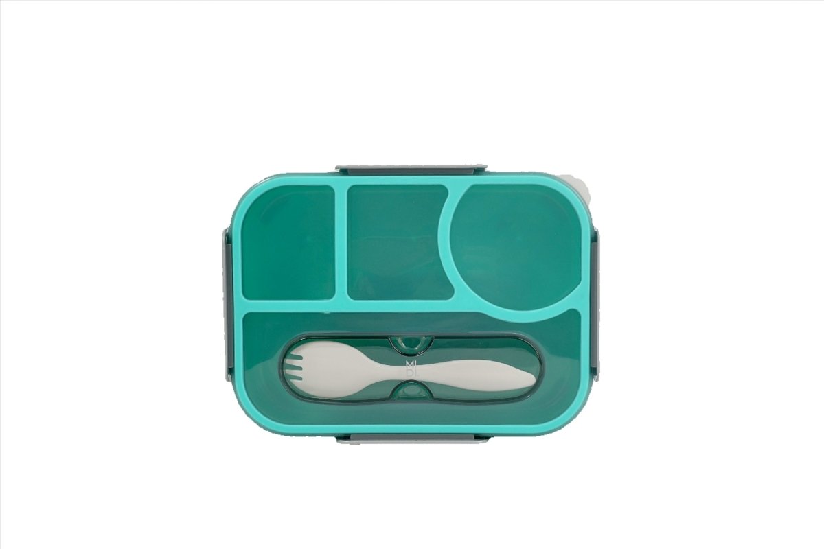 Teal compartment school lunch box with 3 sections and fork-and-knife insert
