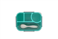 Teal compartment school lunch box with 3 sections and fork-and-knife insert