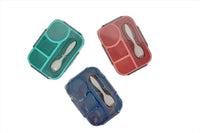 Assorted compartment school lunch boxes in teal, pink, and blue with utensil inserts