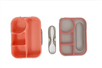 Red compartment school lunch box with 3 sections shown closed and open