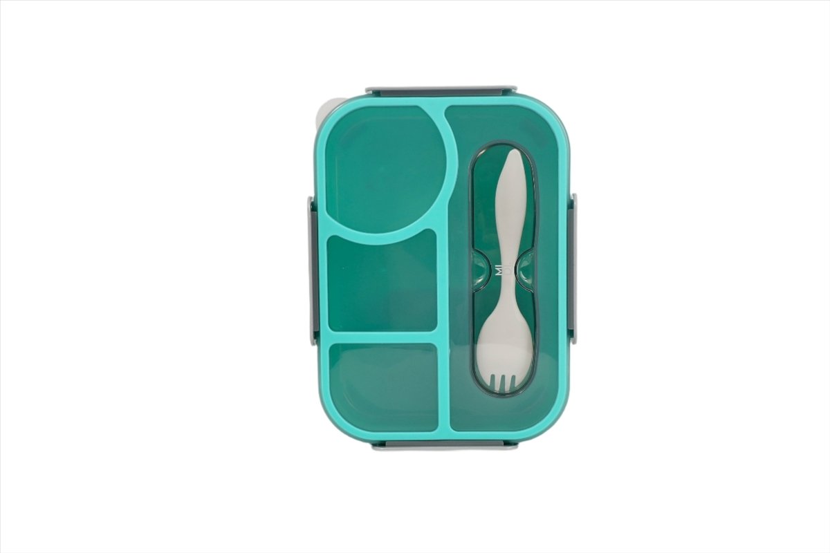 Green compartment school lunch box with 3 sections and fork-and-spoon insert