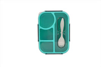 Green compartment school lunch box with 3 sections and fork-and-spoon insert