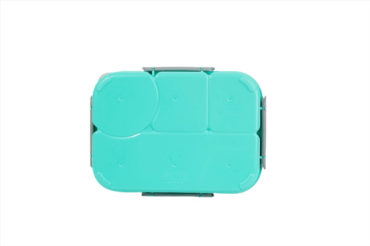 Teal compartment school lunch box with three hinged sections on front