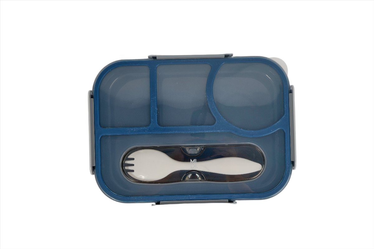 Blue compartment school lunch box with utensil insert in front tray section