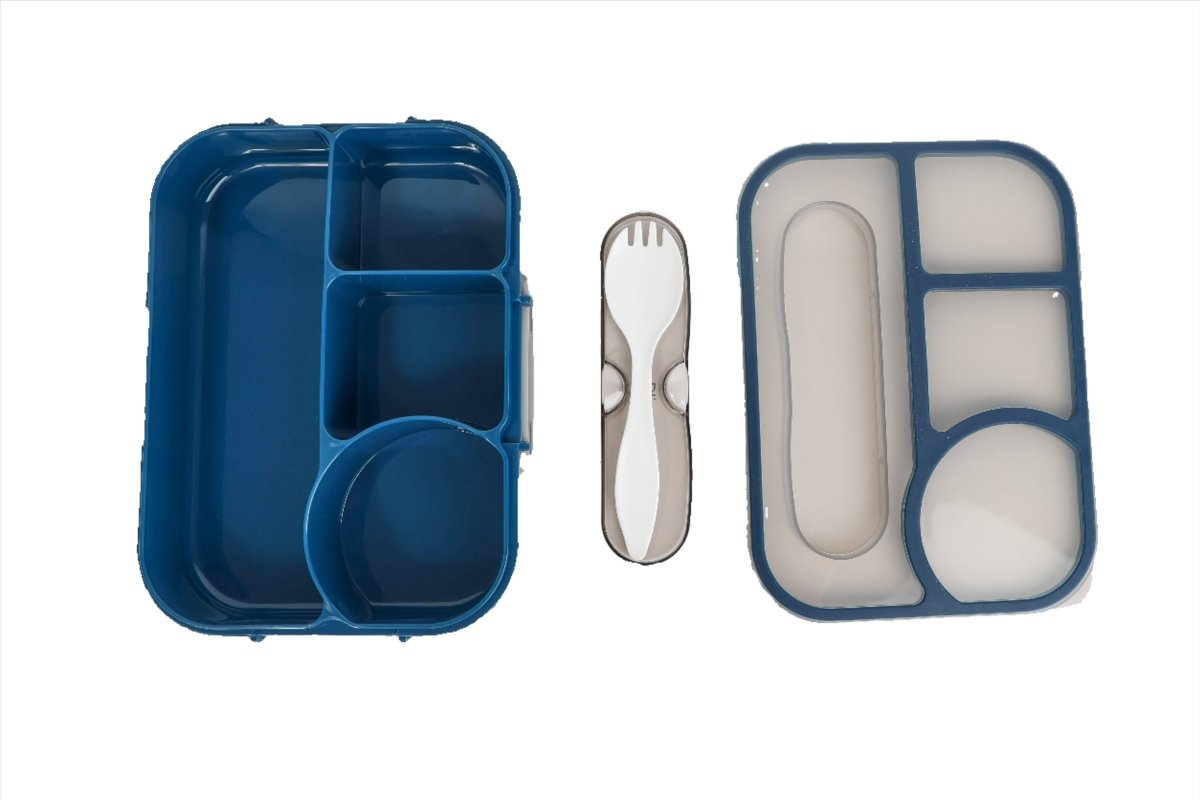 Blue compartment school lunch box with 4 sections and utensil insert, open