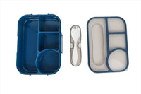 Blue compartment school lunch box with 4 sections and utensil insert, open
