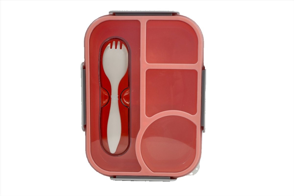Red compartment school lunch box with fork-and-spoon and two food sections