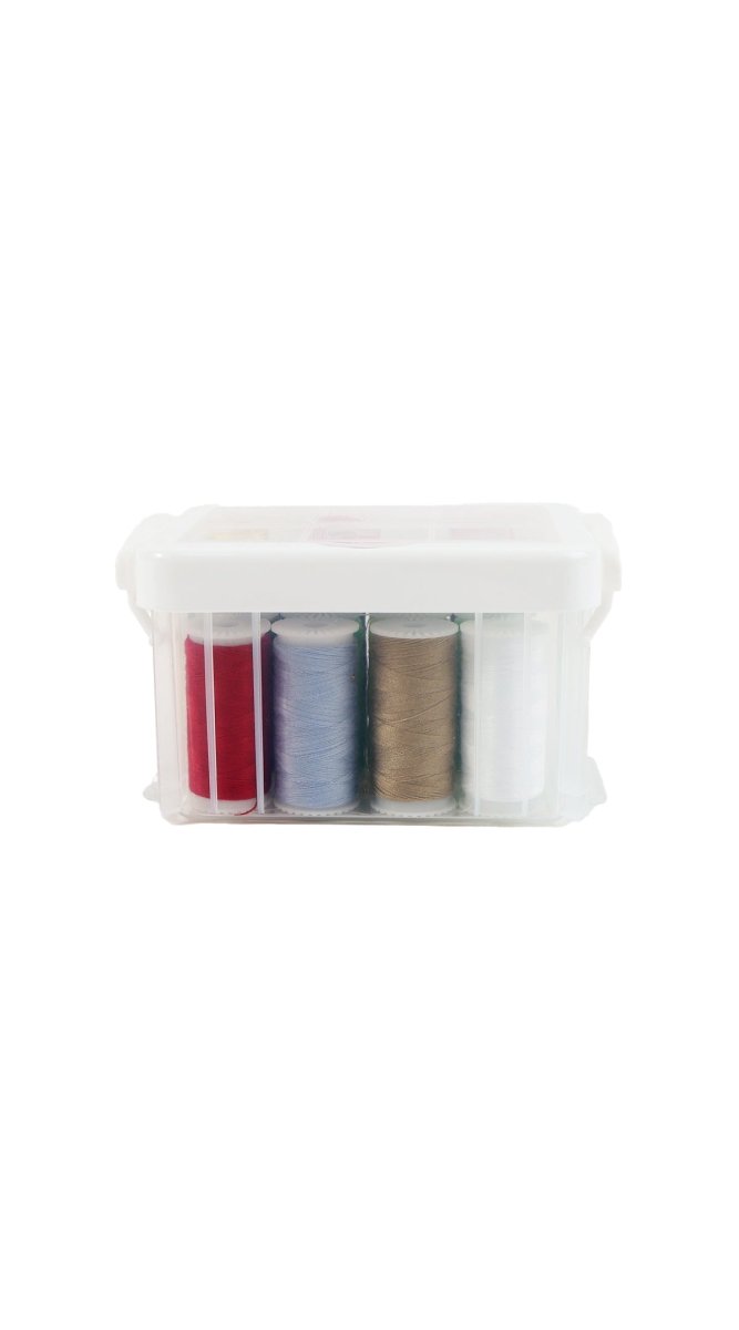 Sewing kit thread spools in clear plastic storage case