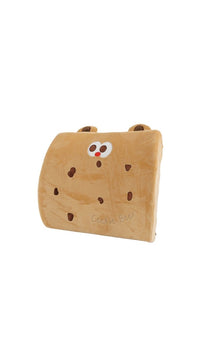 Lumbar support pillow with tan cookie-bear design, cute face and ears, plush texture