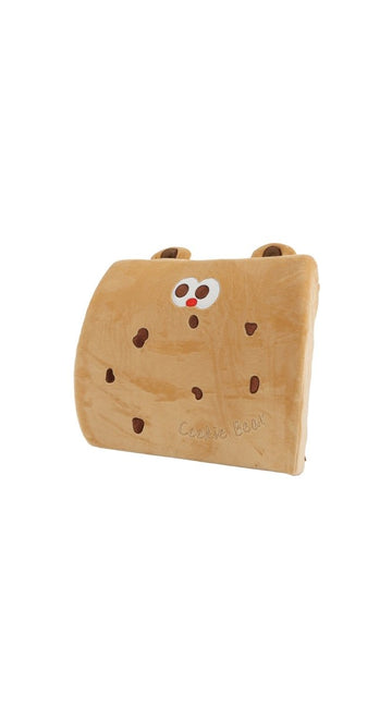 Lumbar support pillow with tan cookie-bear design, cute face and ears, plush texture