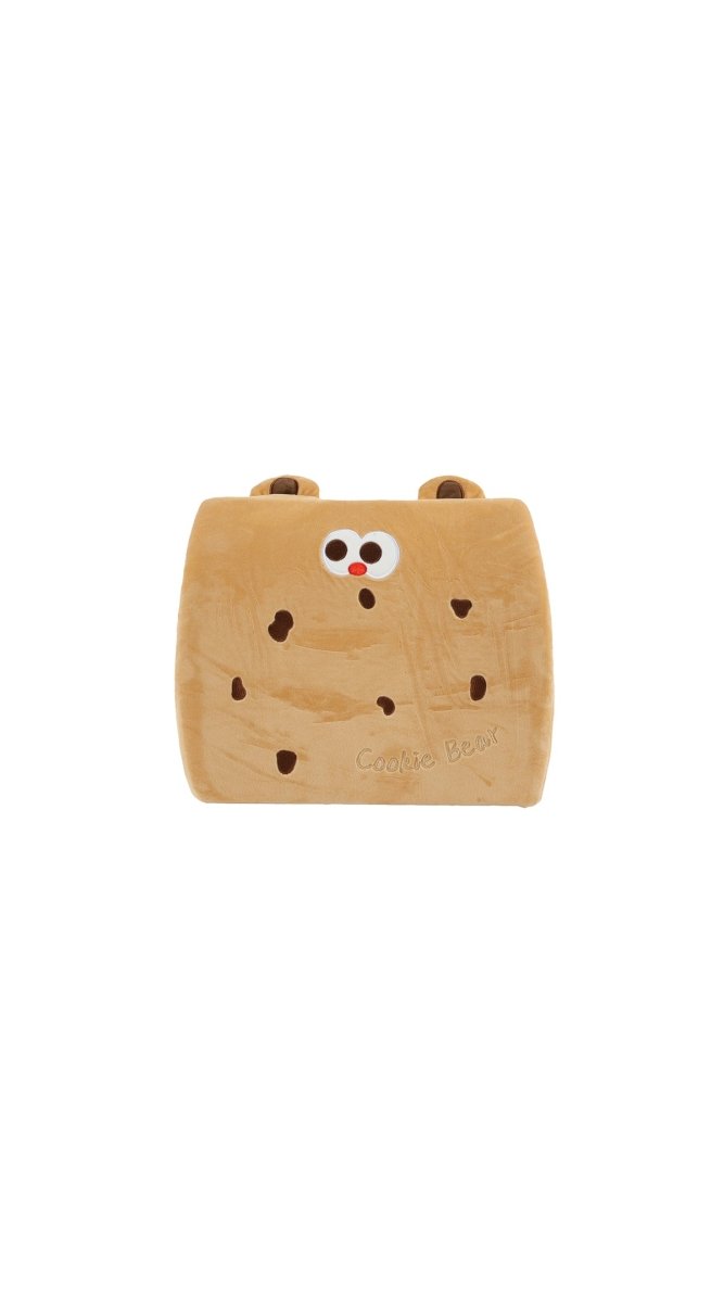 Lumbar support pillow, tan plush with cookie-bear face patch and heart-shaped accents