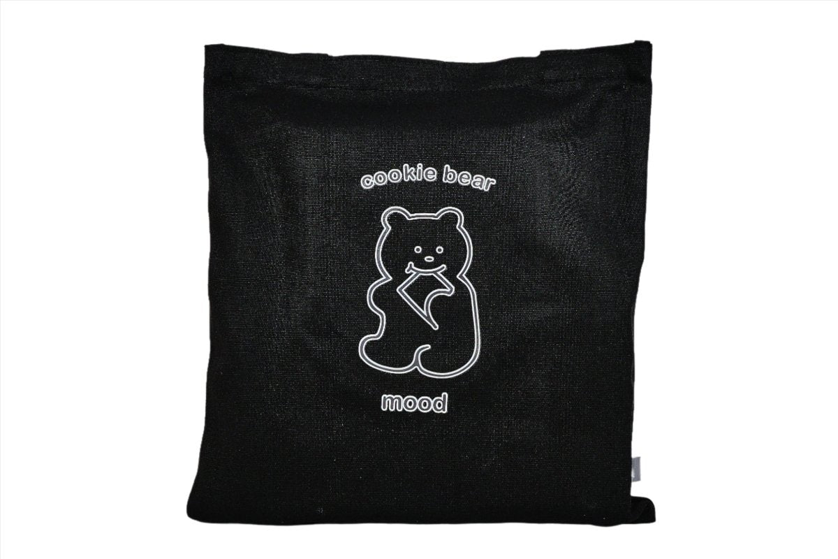 Black tote bag with centered bear logo on the front panel