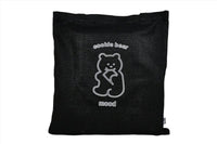 Black tote bag with centered bear logo on the front panel