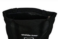 Black tote bag with open top, inner lining, and bear logo on front