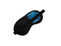 Black sleep eye mask with blue lining and black elastic strap