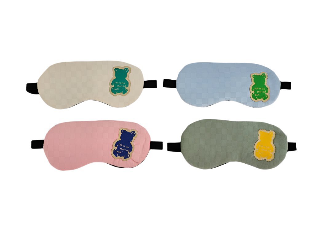 Set of four sleeping blindfolds with bear patches and gel inserts, in pink, gray, off-white, blue