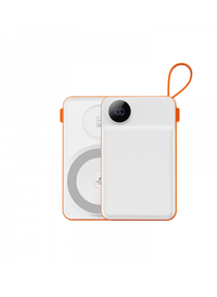 White power bank with orange trim, wireless charging disc and button