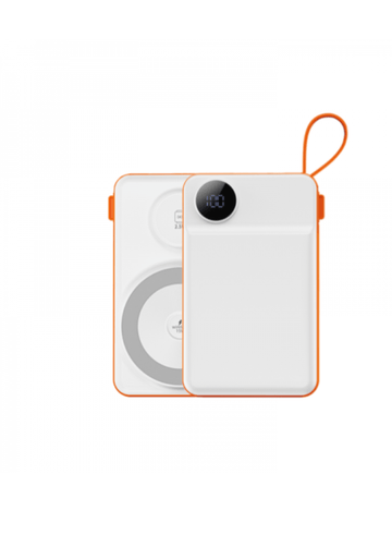 White power bank with orange trim, wireless charging disc and button