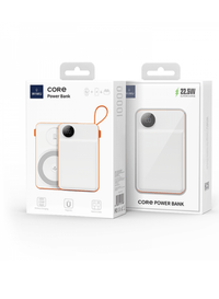 White power bank with orange details, shown with retail packaging boxes