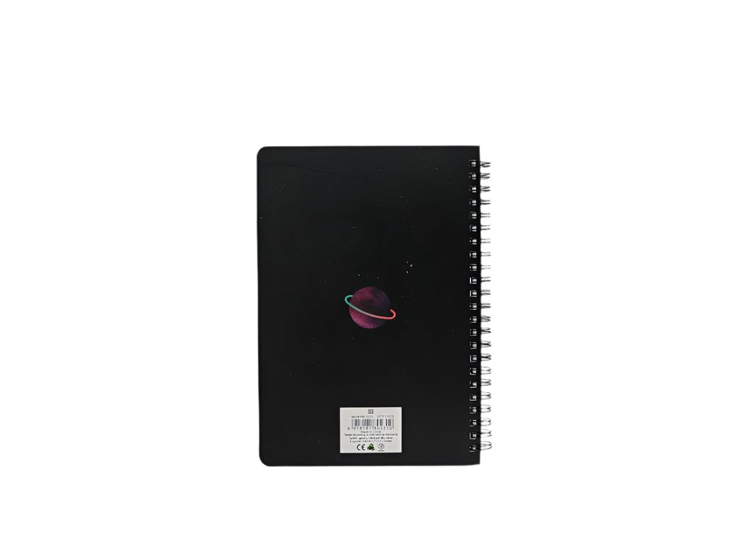 Black spiral notebook back cover with small planet graphic and barcode label