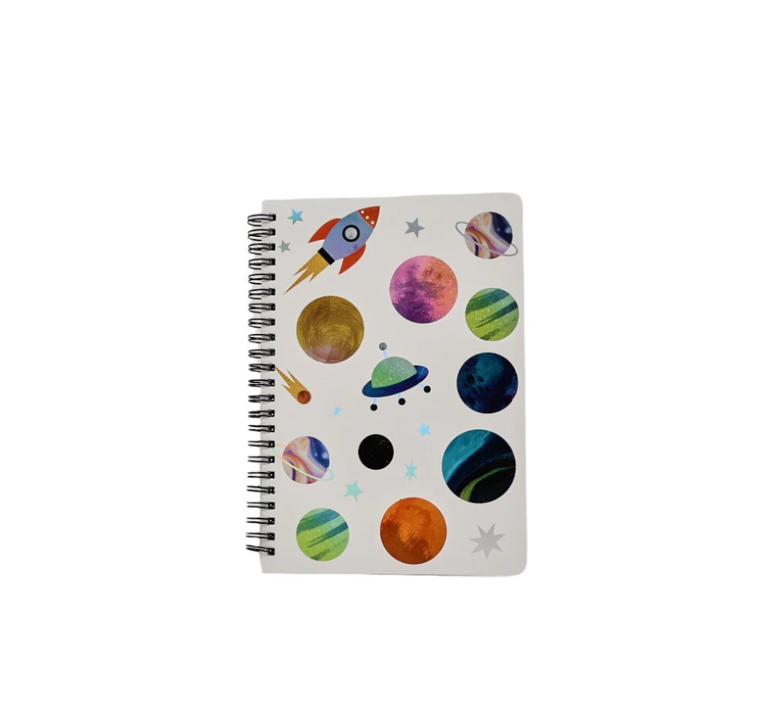 White spiral notebook with space planets, rocket, and stars, spiral coil binding