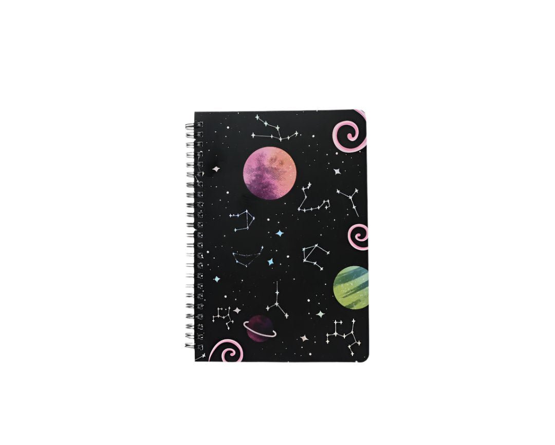 Black spiral notebook with cosmic planet cover, stars, and swirl accents