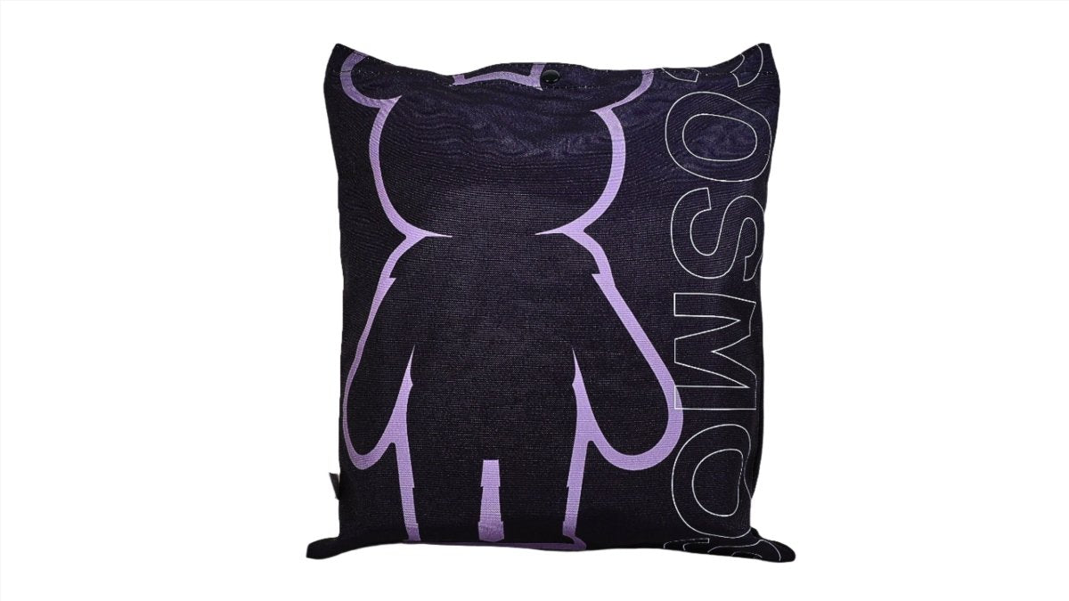 Black tote bag with purple bear silhouette and side text pattern