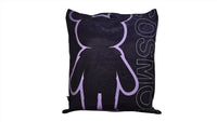 Black tote bag with purple bear silhouette and side text pattern