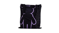 Black bear tote bag with purple bear graphic, short handles, and top button