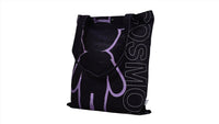 Black tote bag with purple bear print, vertical text on side, and top button