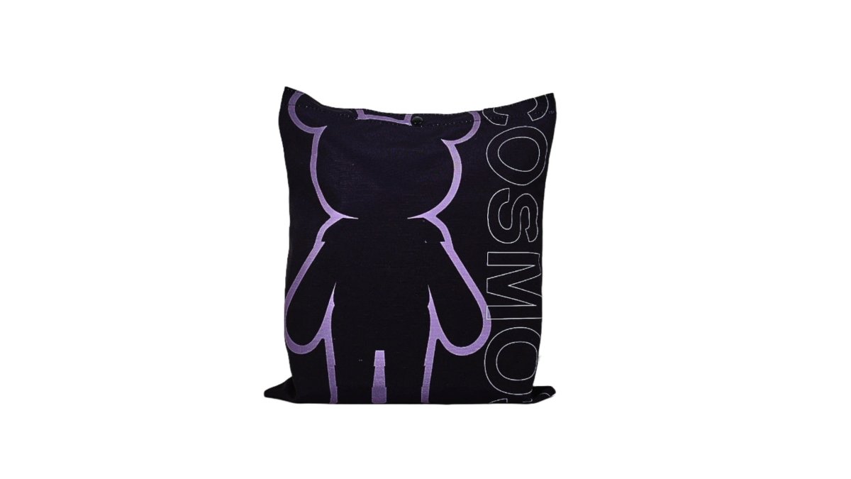 Black bear tote bag with purple bear graphic and side text pattern