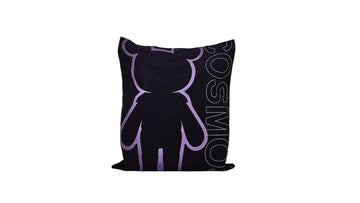 Black bear tote bag with purple bear graphic and side text pattern