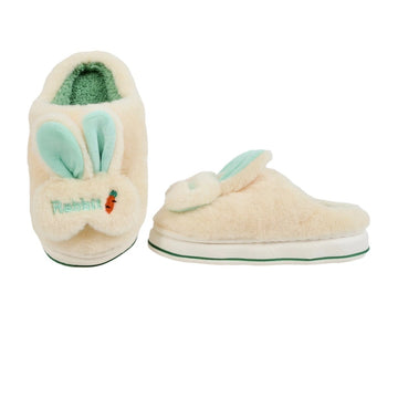 Cream plush bunny slippers with mint ears, carrot embroidery, and green-trim sole
