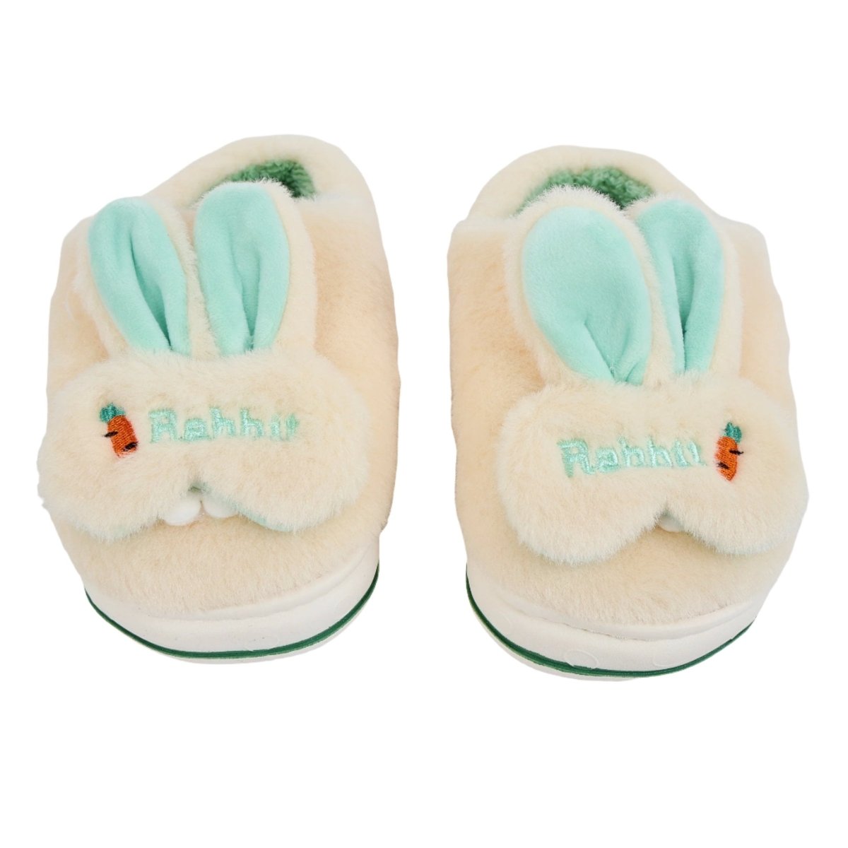 Cream bunny slippers with mint ears and carrot patch logo on front