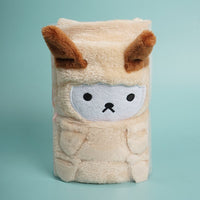 Llama baby blanket with plush cream fabric, brown ears, and stitched face patch