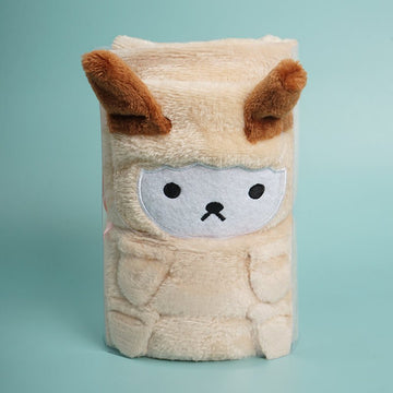 Llama baby blanket with plush cream fabric, brown ears, and stitched face patch